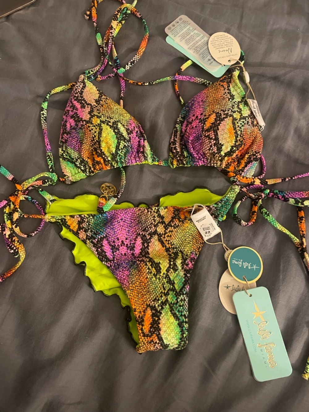 New Luli Fama Multi Neon Electric Skin reversible bikini set XS